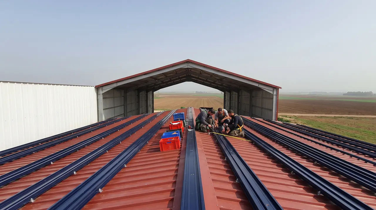 קירוי למחסן טרקטורים — גג עם פתחי אוורור למחסן ציוד חקלאי